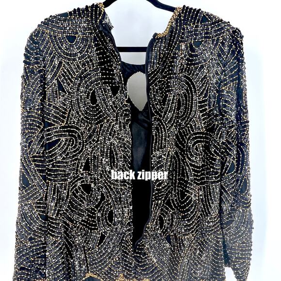 Royal Feelings Vintage Black Gold Beaded Sequins Women 1X Gatsby Evening Wear - Picture 4 of 8